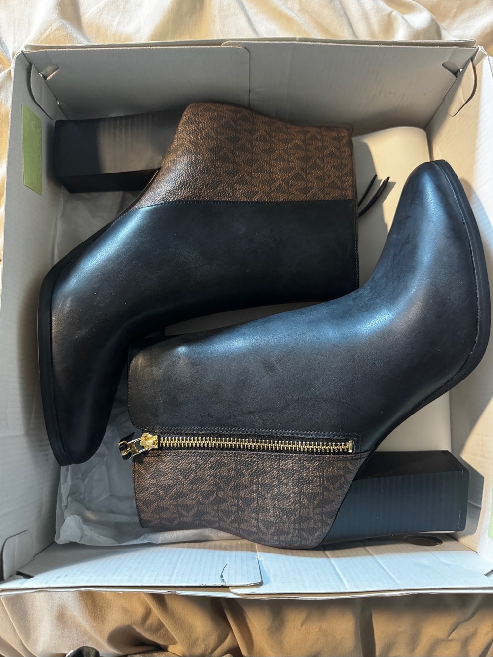 Michael Kors Black and Brown Logo Block Heel Ankle Booties
